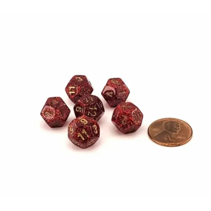 Dice>Glitter 12mm Mini 12 Sided D12 Dice, 6 Pieces - Ruby with Gold Numbers - Your Source for Gaming Essentials