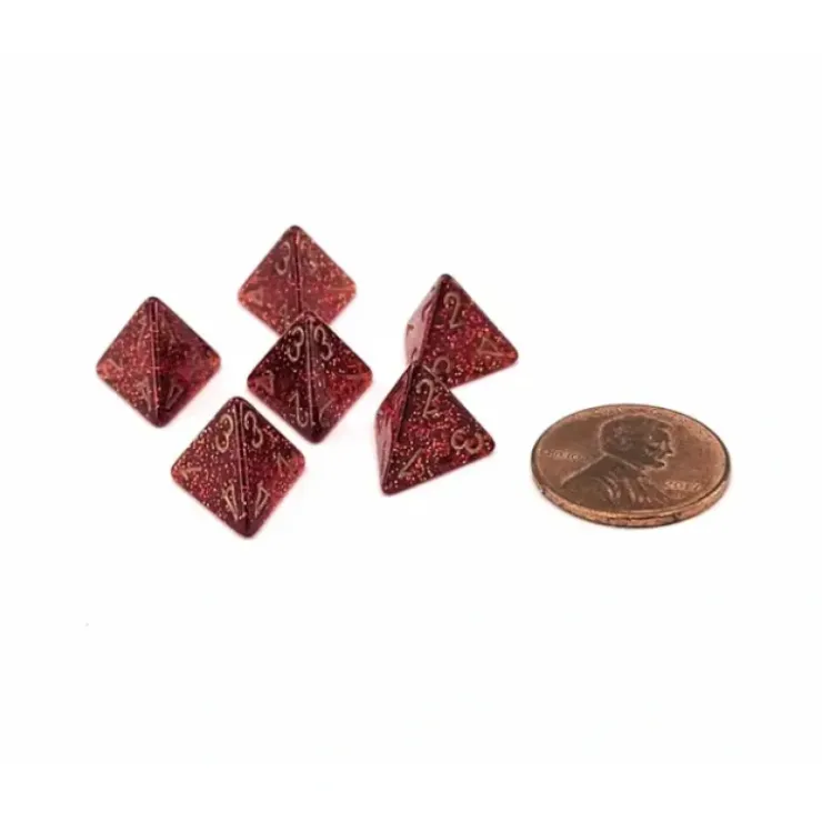 Dice>Glitter 12mm Mini 4 Sided D4 Dice, 6 Pieces - Ruby with Gold Numbers - Your Source for Gaming Essentials