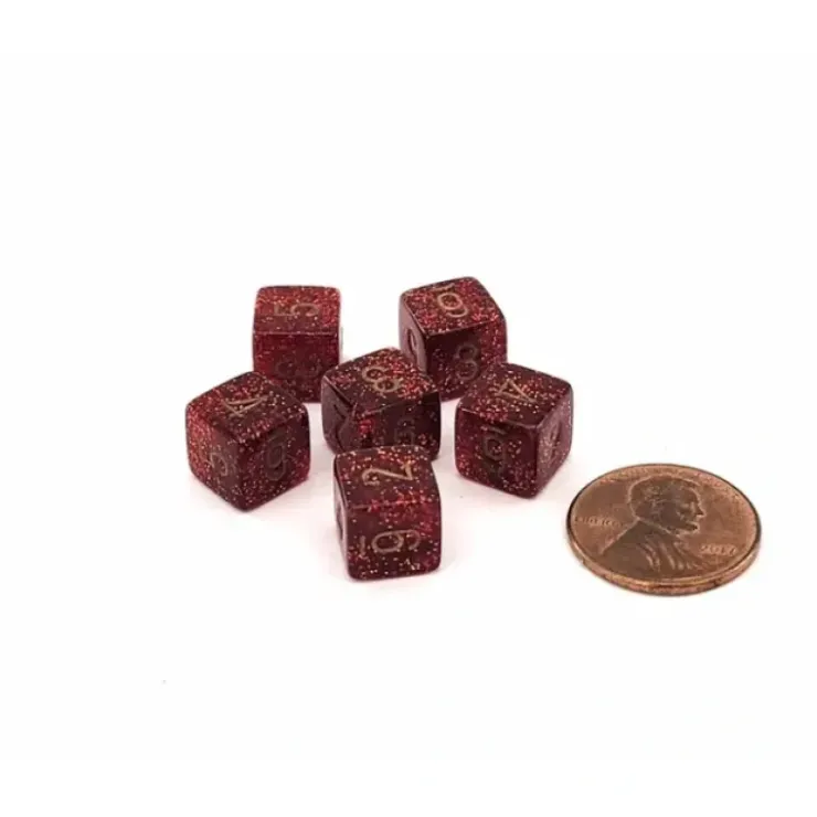 Dice>Glitter 9mm Mini 6 Sided D6 Dice, 6 Pieces - Ruby with Gold Numbers - Your Source for Gaming Essentials