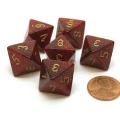 Dice>Glitter 15mm 8 Sided D8 Chessex Dice, 6 Pieces - Ruby with Gold - Your Source for Gaming Essentials