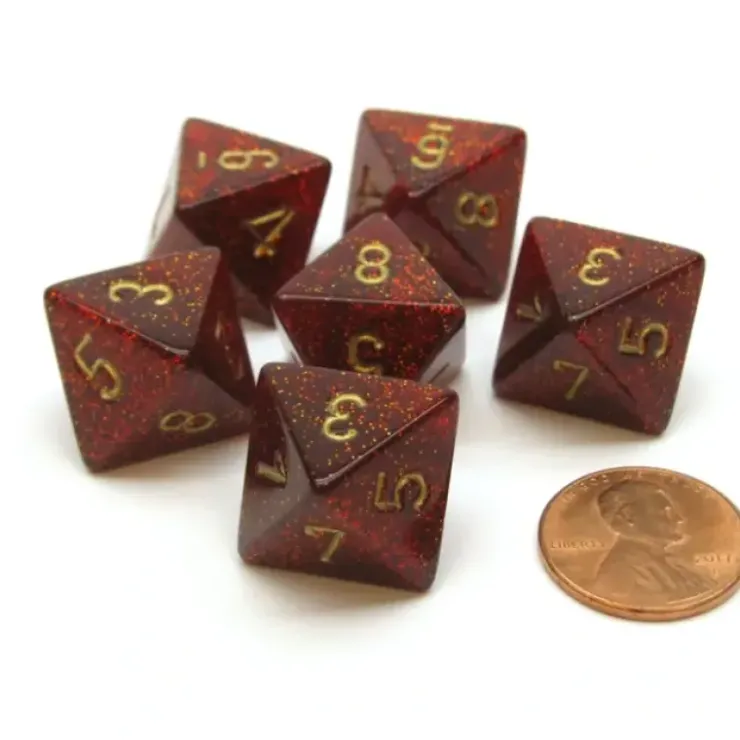 Dice>Glitter 15mm 8 Sided D8 Chessex Dice, 6 Pieces - Ruby with Gold - Your Source for Gaming Essentials