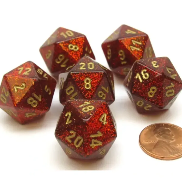 Dice>Glitter 20mm 20 Sided D20 Chessex Dice, 6 Pieces - Ruby with Gold Numbers - Your Source for Gaming Essentials