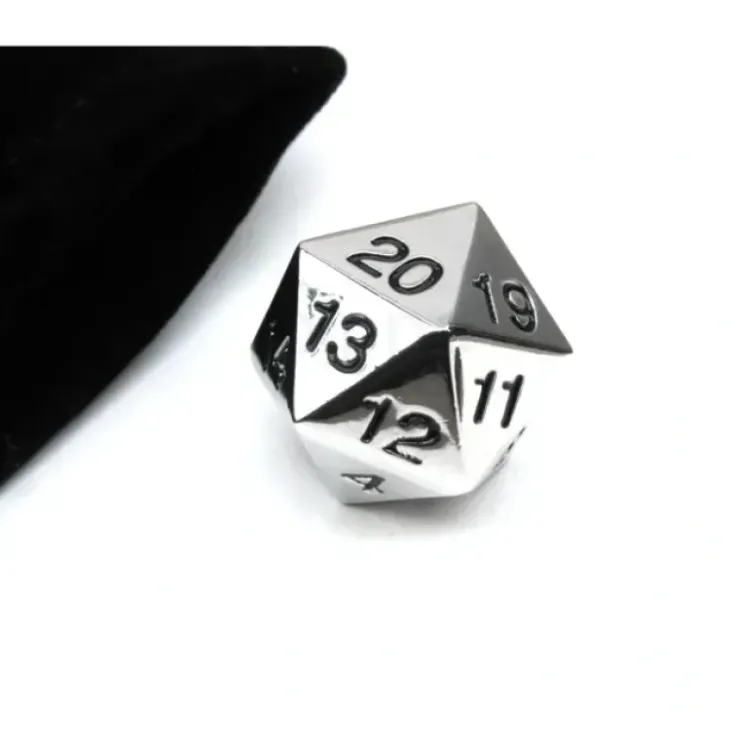 Dice>Large 22mm Zinc Metal Alloy Countdown D20 Dice w Black Bag, 1 Pc - Black Numbers - Your Source for Gaming Essentials