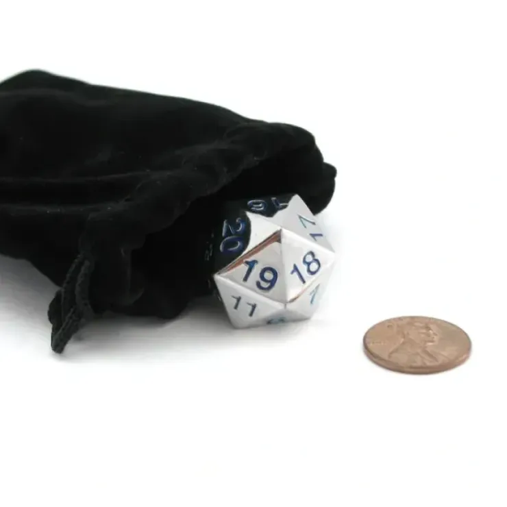 Dice>Large 22mm Zinc Metal Alloy Countdown D20 Dice w Black Bag, 1 Pc - Blue Numbers - Your Source for Gaming Essentials