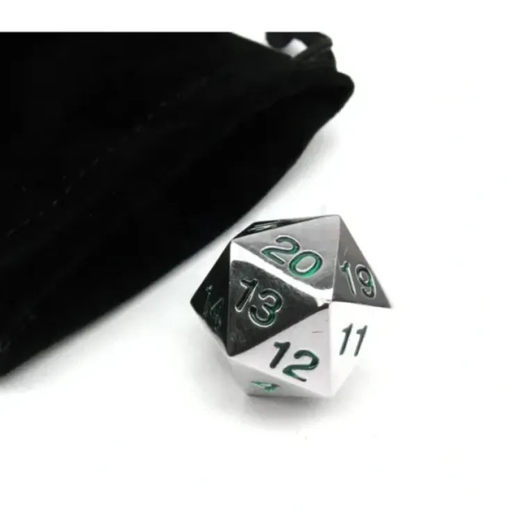 Dice>Large 22mm Zinc Metal Alloy Countdown D20 Dice w Black Bag, 1 Pc - Green Numbers - Your Source for Gaming Essentials