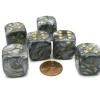 Dice>Leaf 20mm Big D6 Chessex Dice, 6 Pieces - Steel with Gold Pips - Your Source for Gaming Essentials