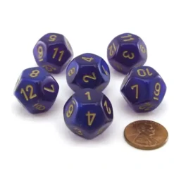 Dice>Luminary Borealis 18mm D12 Dice, 6 Pieces - Royal Purple with Gold Numbers - Your Source for Gaming Essentials