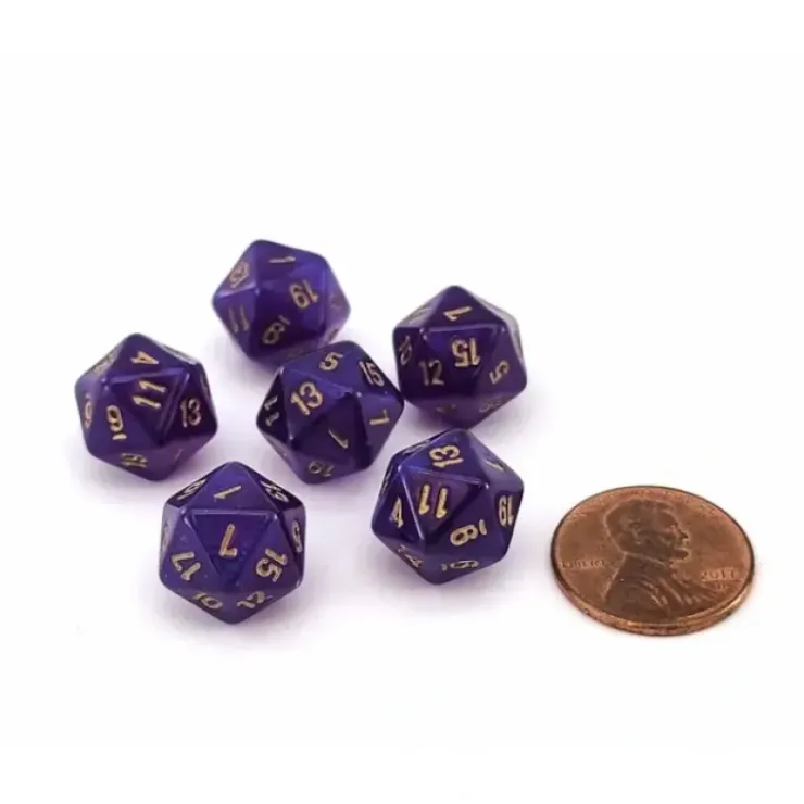 Dice>Luminary Borealis 12mm Mini 20 Sided D20 Dice, 6 Pieces - Royal Purple with Gold - Your Source for Gaming Essentials