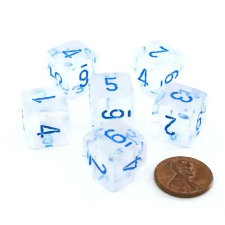 Dice>Luminary Borealis 15mm 6 Sided D6 Dice, 6 Piece - Icicle with Light Blue Numbers - Your Source for Gaming Essentials