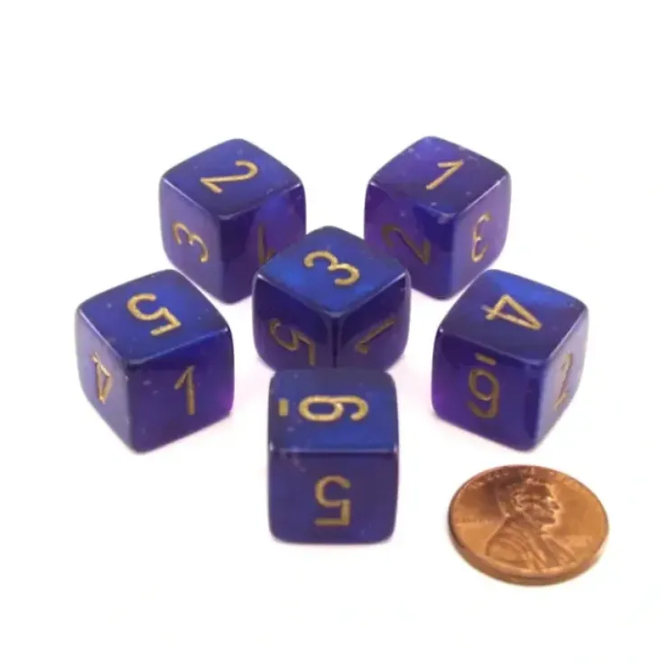 Dice>Luminary Borealis 15mm 6 Sided D6 Dice, 6 Piece - Royal Purple with Gold Numbers - Your Source for Gaming Essentials