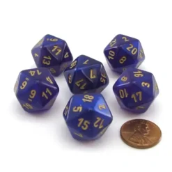 Dice>Luminary Borealis 20 Sided D20 Dice, 6 Pieces - Royal Purple with Gold Numbers - Your Source for Gaming Essentials