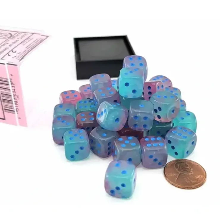 Dice>Luminary Gemini 12mm D6 Dice Block (36 Dice) - Gel Green-Pink with Blue Numbers - Your Source for Gaming Essentials