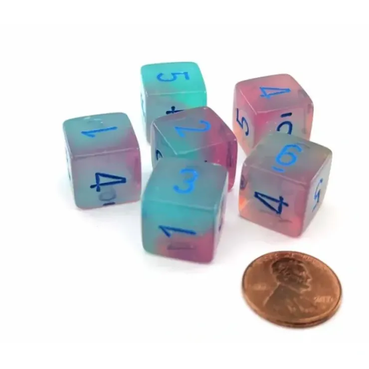 Dice>Luminary Gemini 15mm D6 Dice, 6 Pieces - Gel Green-Pink with Blue Numbers - Your Source for Gaming Essentials