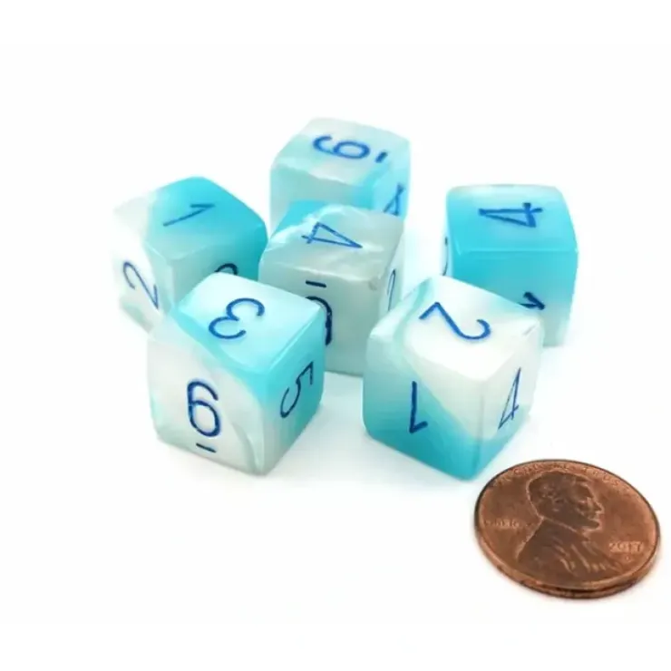 Dice>Luminary Gemini 15mm D6 Dice, 6 Pieces - Pearl Turquoise-White with Blue - Your Source for Gaming Essentials
