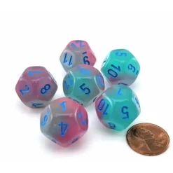 Dice>Luminary Gemini 18mm D12 Dice, 6 Pieces - Gel Green-Pink with Blue Numbers - Your Source for Gaming Essentials