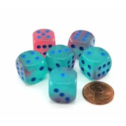 Dice>Luminary Gemini 16mm D6 Dice, 6 Pieces - Gel Green-Pink with Blue Numbers - Your Source for Gaming Essentials