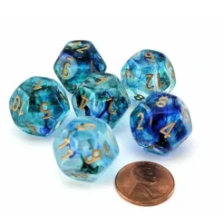Dice>Luminary Nebula 18mm D12 Chessex Dice, 6 Pieces - Oceanic with Gold Numbers - Your Source for Gaming Essentials