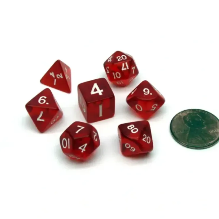Dice>Mini Polyhedral 7 Piece Transparent Dice Set Small 11mm Die - Red with White - Your Source for Gaming Essentials