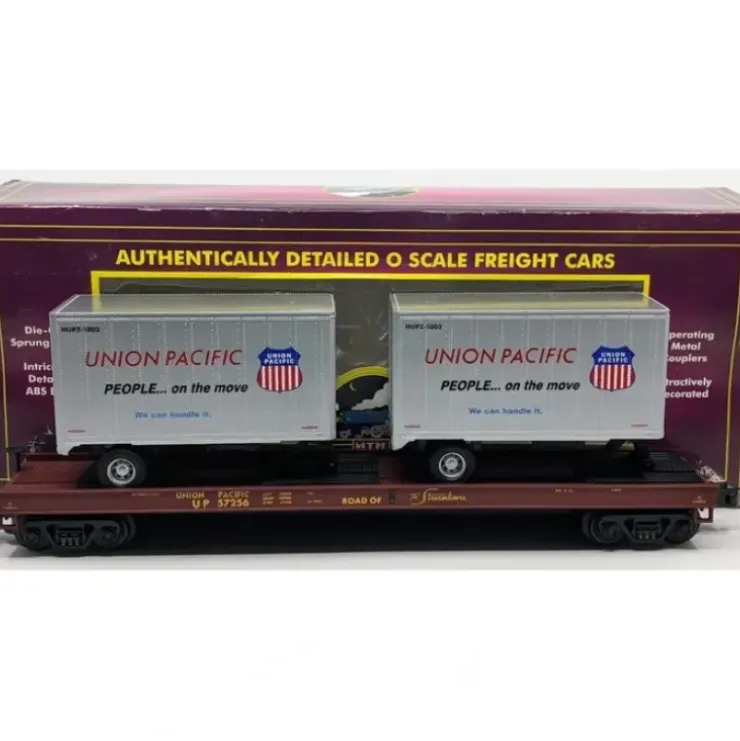 MTH 20-98107 O Gauge Union Pacific Flatcar w/2 Short Trailers #57256 EX/Box - Your Source for Gaming Essentials* Trains