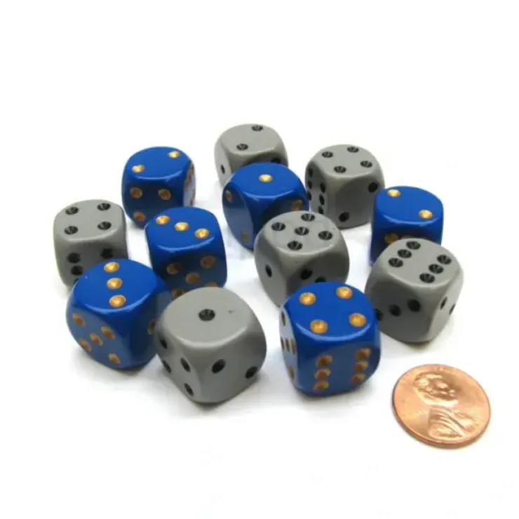 Dice>Opaque 16mm D6 Dixie Dice Block (12 Die) - 6 Blue w/ Yellow, 6 Gray w/ Black - Your Source for Gaming Essentials