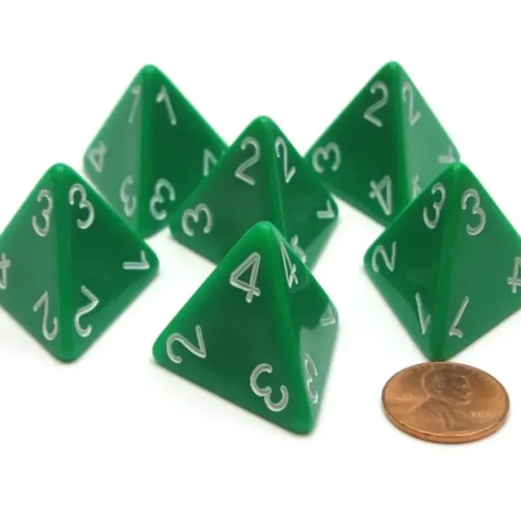 Dice>Opaque 26mm D4 Large Jumbo Numbered Dice, 6 Pieces - Green with White Numbers - Your Source for Gaming Essentials