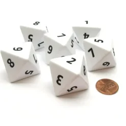 Dice>Opaque 25mm 8 Sided D8 Large Jumbo Numbered Dice, 6 Pieces - White with Black - Your Source for Gaming Essentials