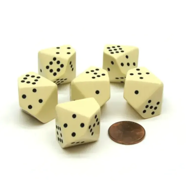 Dice>Opaque 20mm 10 Sided D10 Spotted Pip Dice, 6 Pieces - Ivory with Black Spots - Your Source for Gaming Essentials