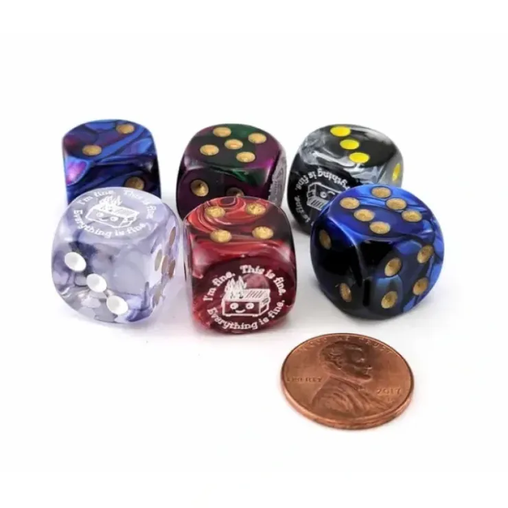Dice>Pack of 6 Chessex Custom Engraved 16mm D6 Assorted Style Dice - Dumpster Fire - Your Source for Gaming Essentials
