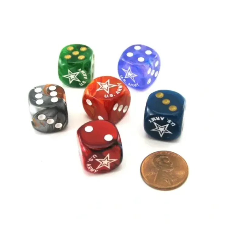 Dice>Pack of 6 Chessex Custom Engraved 16mm D6 Assorted Style Military Dice - Army - Your Source for Gaming Essentials