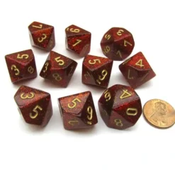 Dice>Pack of 10 Chessex Glitter D10 Dice - Ruby Red with Gold Numbers - Your Source for Gaming Essentials