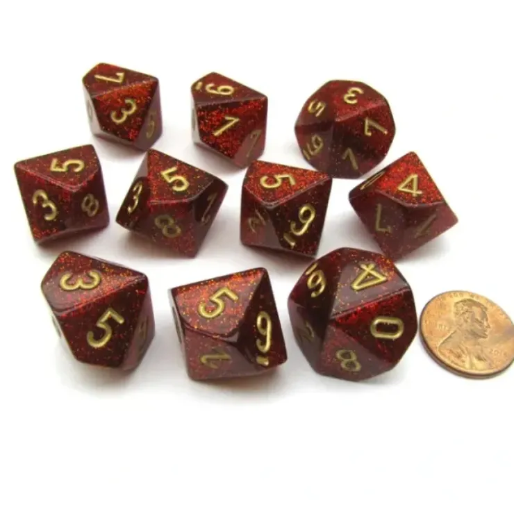 Dice>Pack of 10 Chessex Glitter D10 Dice - Ruby Red with Gold Numbers - Your Source for Gaming Essentials