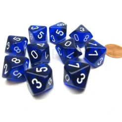 Dice>Pack Of 10 Chessex Translucent 10 Sided D10 Dice - Blue with White Numbers - Your Source for Gaming Essentials