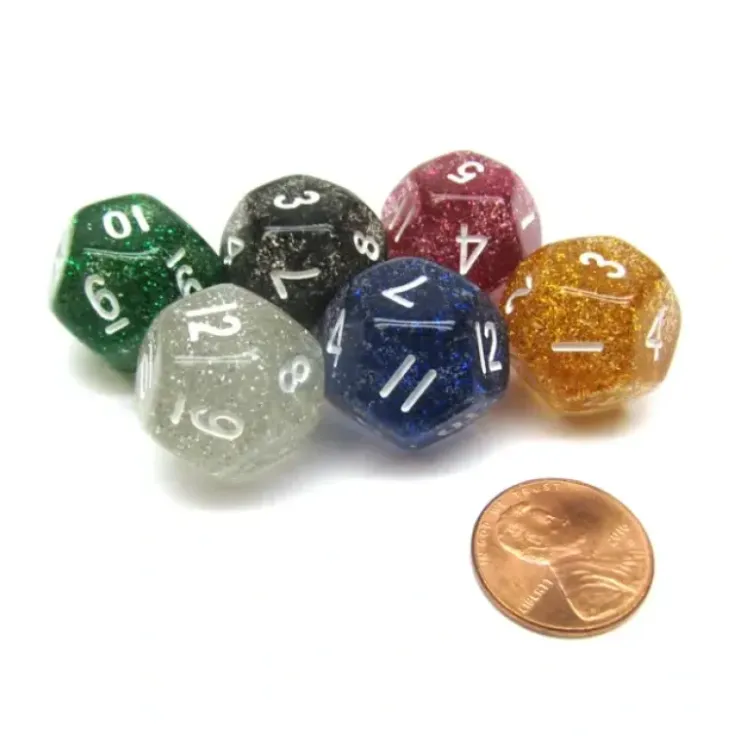 Dice>Pack of 6 D12 Glitter Dice - Black, Blue, Clear, Green, Purple, Yellow - Your Source for Gaming Essentials
