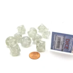 Dice>Pack of 10 D10 Glitter Dice in Display Case- Clear with White Numbers - Your Source for Gaming Essentials