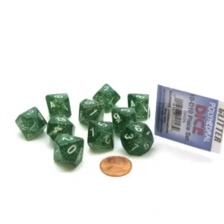 Dice>Pack of 10 D10 Glitter Dice in Display Case- Green with White Numbers - Your Source for Gaming Essentials