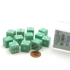 Dice>Pack of 12 D6 16mm Pastel Dice in Display Storage Case - Green with White - Your Source for Gaming Essentials