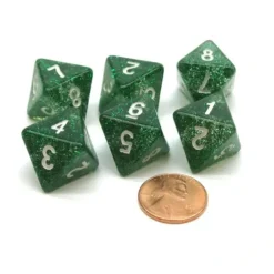 Dice>Pack of 6 D8 8-Sided Glitter Dice - Green with White Numbers - Your Source for Gaming Essentials