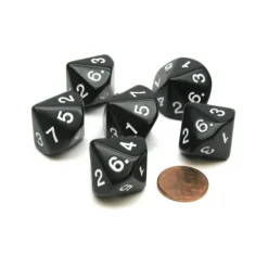 Dice>Pack of 6 D7 14-Sided 20mm Numbered 1 to 7 Twice Dice - Black with White - Your Source for Gaming Essentials