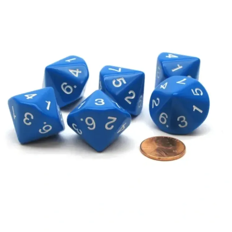 Dice>Pack of 6 D7 14-Sided 20mm Numbered 1 to 7 Twice Dice - Blue with White Numbers - Your Source for Gaming Essentials