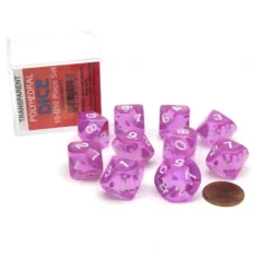 Dice>Pack of 10 D10 Transparent Dice in Display Case - Purple with White Numbers - Your Source for Gaming Essentials