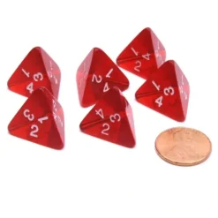 Dice>Pack of 6 D4 Transparent Dice - Red with White Numbers - Your Source for Gaming Essentials