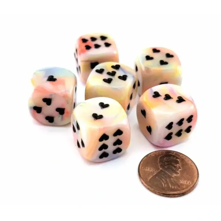 Dice>Pack of 6 Heart Dice, Festive 16mm D6 Dice - Circus with Black Hearts - Your Source for Gaming Essentials