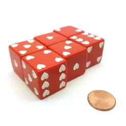 Dice>Pack of 6 Heart Pip D6 25mm Large Jumbo Love Dice - Red with White Hearts - Your Source for Gaming Essentials
