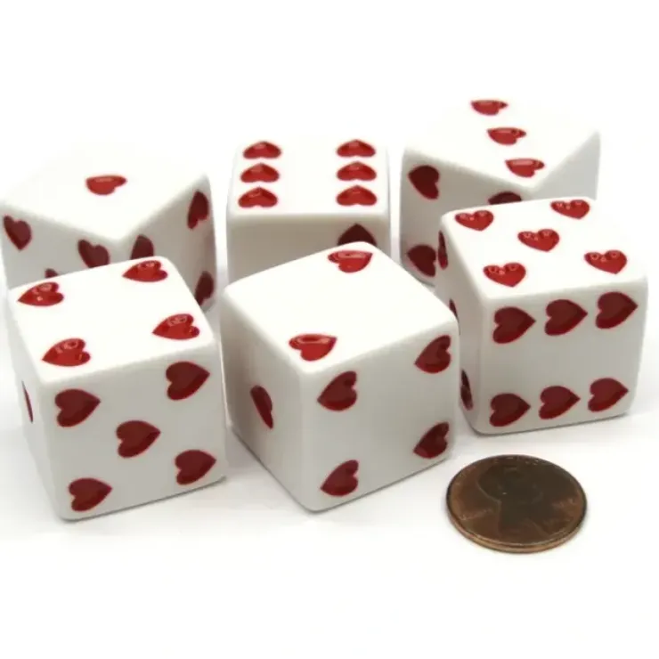 Dice>Pack of 6 Heart Pip D6 25mm Large Jumbo Love Dice - White with Red Hearts - Your Source for Gaming Essentials