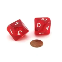 Dice>Pack of 2 Jumbo 25mm D10 (0-9) Transparent Dice - Red with White Numbers - Your Source for Gaming Essentials