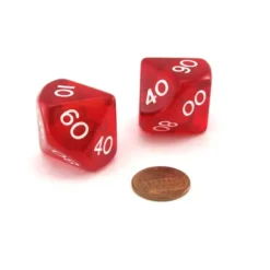 Dice>Pack of 2 Jumbo 25mm Tens D10 (00-90) Transparent Dice - Red with White Numbers - Your Source for Gaming Essentials