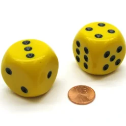 Dice>Pack of 2 Large 32mm Round Corner Opaque Dice - Yellow with Black - Your Source for Gaming Essentials