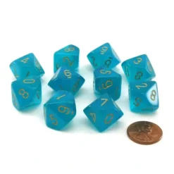 Dice>Pack of 10 Luminary Borealis 16mm D10 Chessex Dice - Teal with Gold Numbers - Your Source for Gaming Essentials