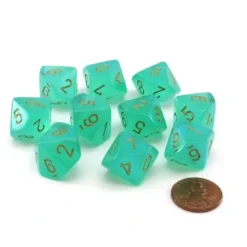 Dice>Pack of 10 Luminary Borealis 16mm D10 Dice - Light Green with Gold Numbers - Your Source for Gaming Essentials