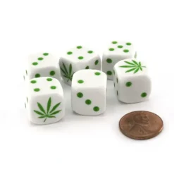 Dice>Pack of 6 Marijuana Hemp Weed 16mm Dice Set - White with Green Etches - Your Source for Gaming Essentials